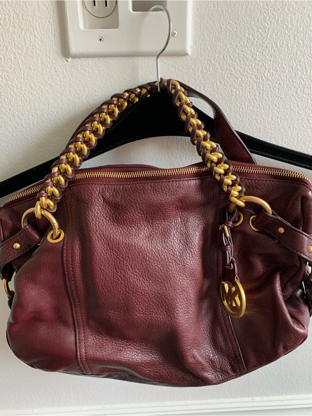 Michael Kors Wine Leather Bag with Gold Chain Handle